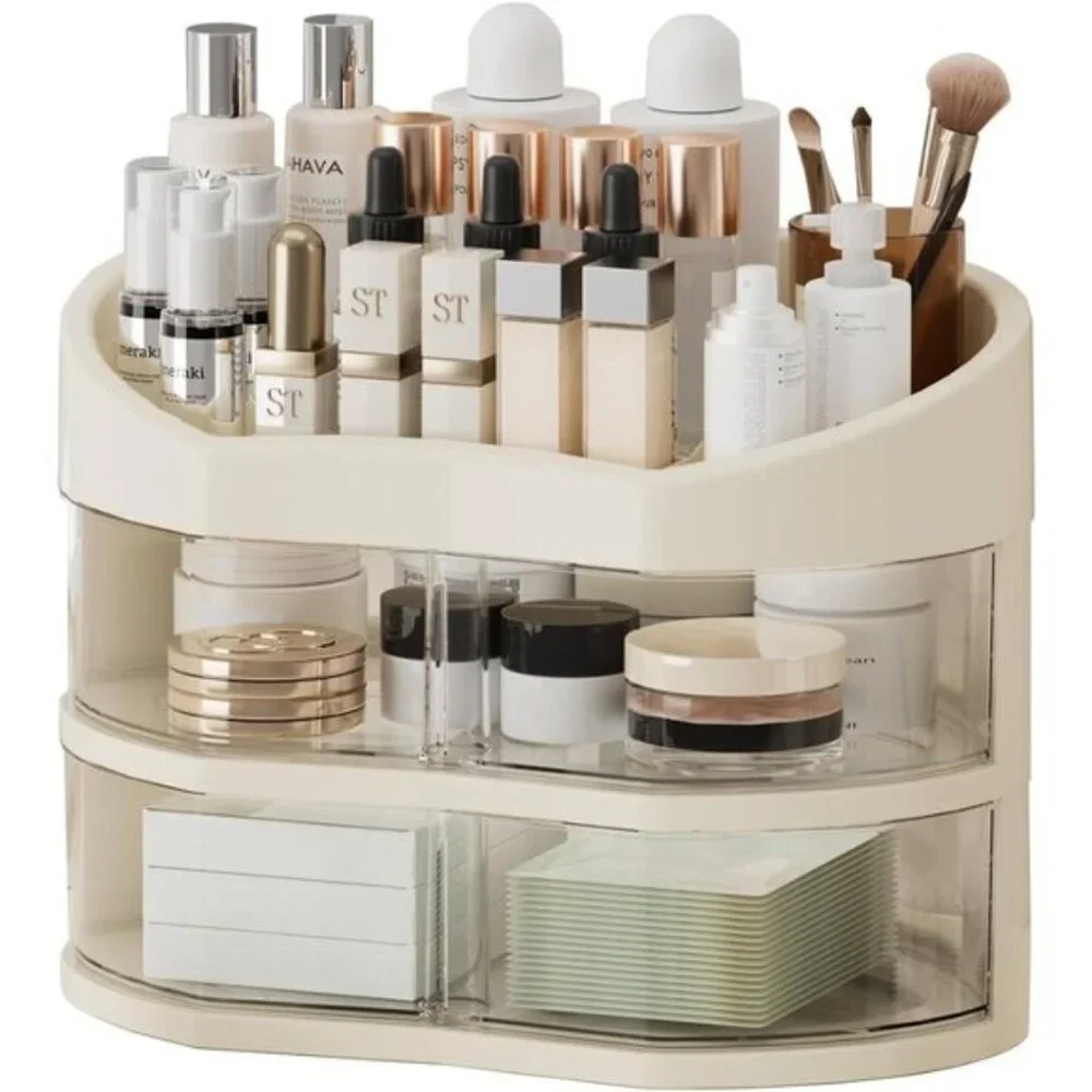 New 360° Rotating Makeup Organizer, Vanity Countertop with 2 Spacious Drawers
